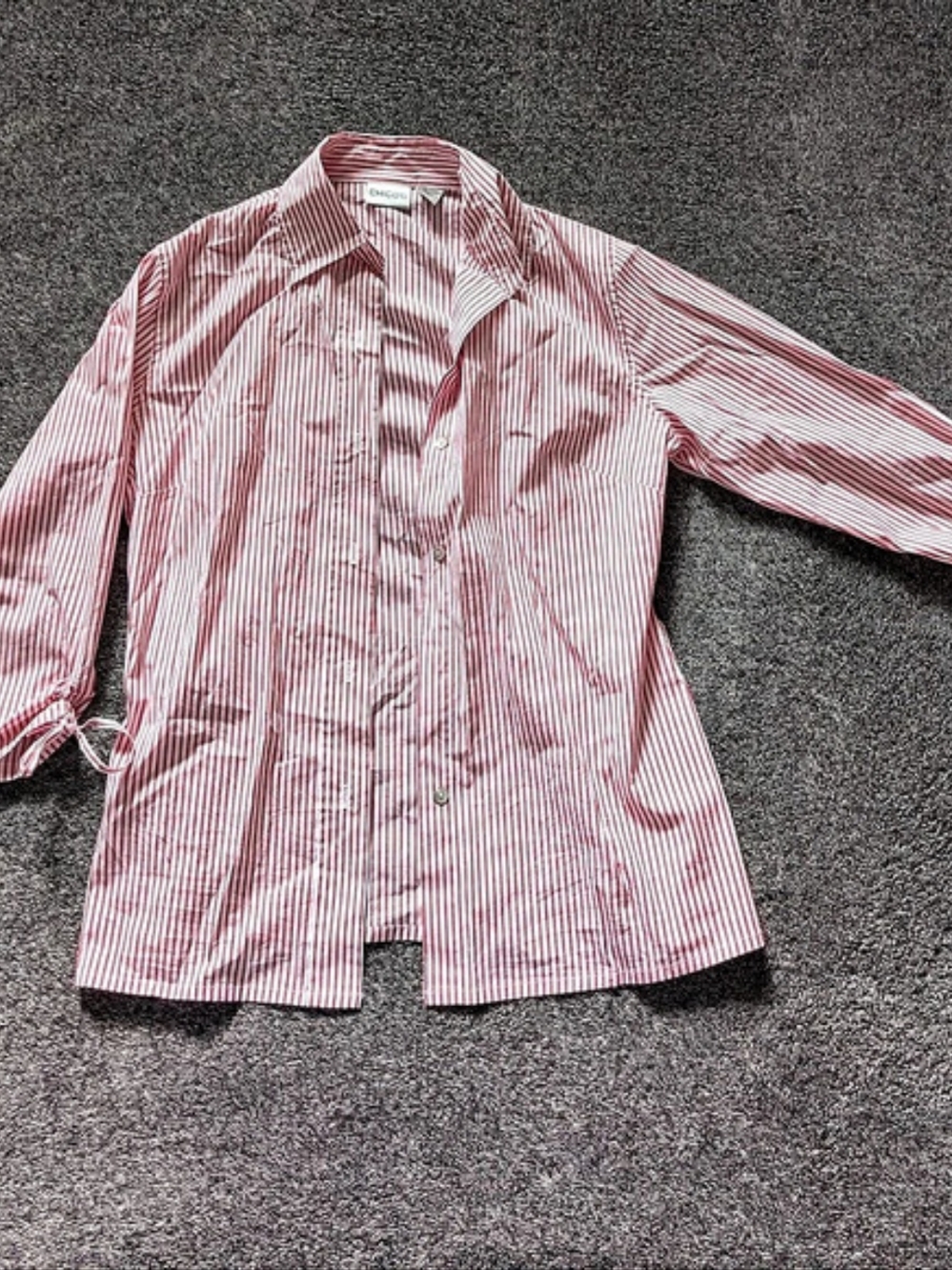 CHICO'S Striped Tie Sleeve Button Down Top in Pink & White